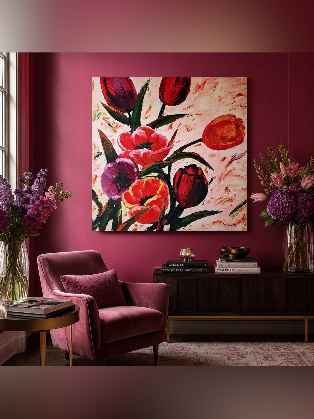 🌷 Signed “Vargas” Floral Giclée Print on Gallery-Wrapped Stretched Canvas 34x34”